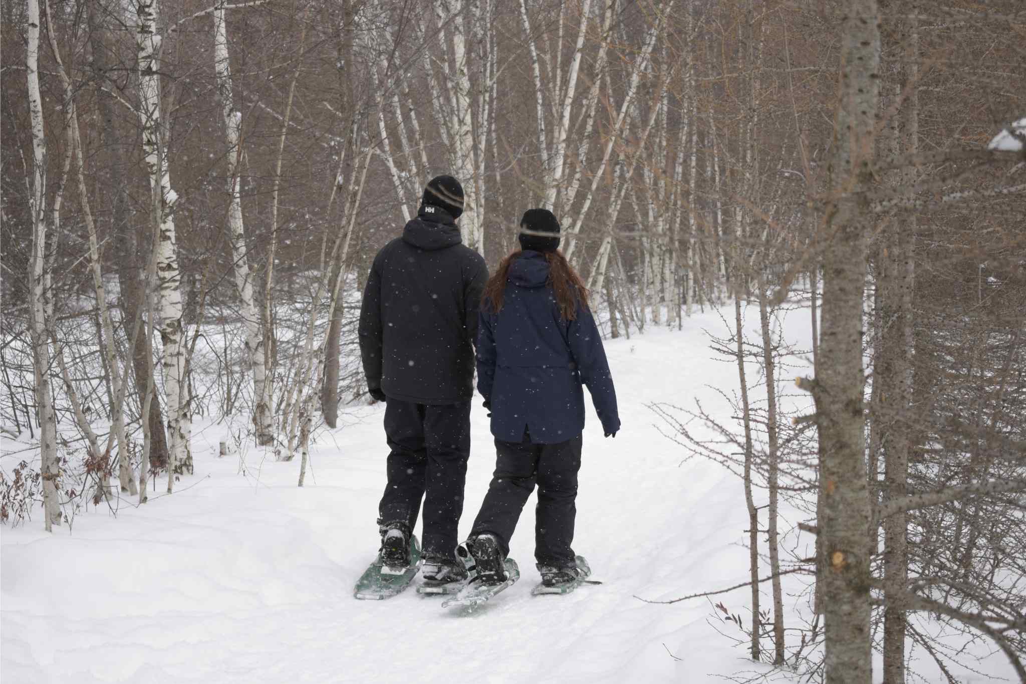 couple en randonnée en raquette dans le sentier de la base plein air ste-foy